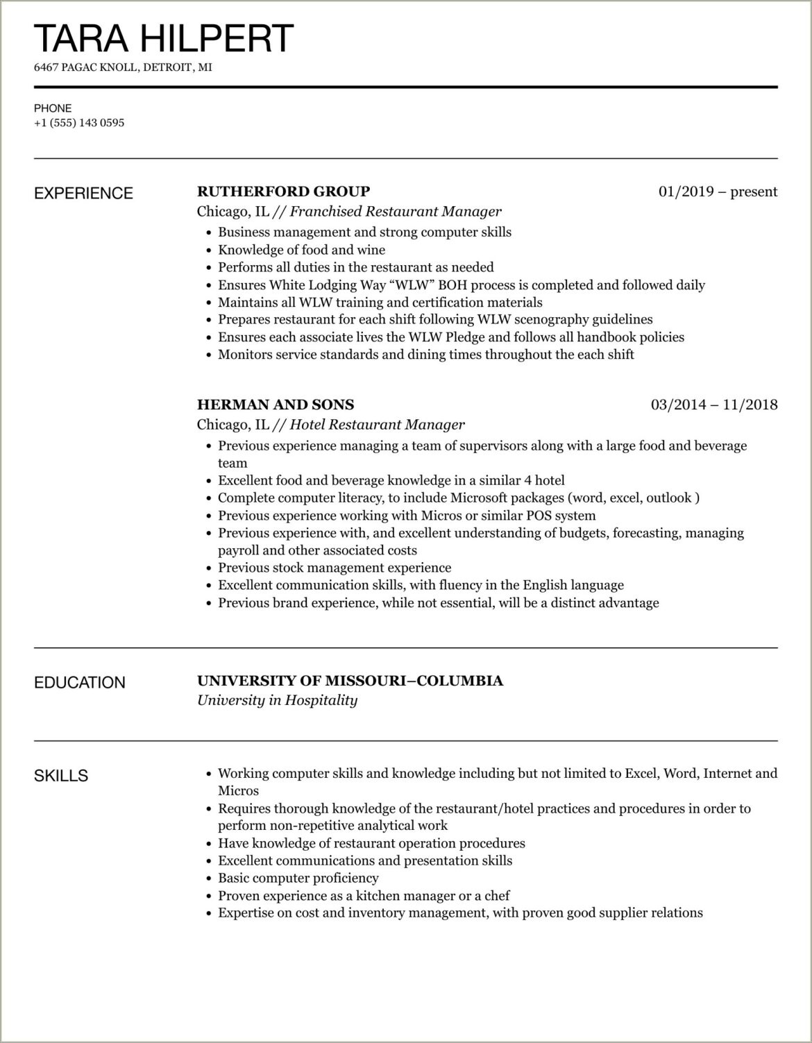 Good Objective For Restaurant Manager Resume