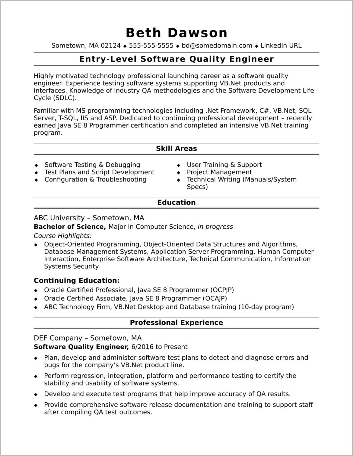 Good Objective For Resume Entry Level Computer Science