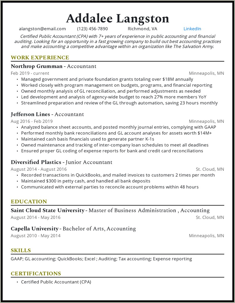 Good Objective For Resume For Accounting Internship