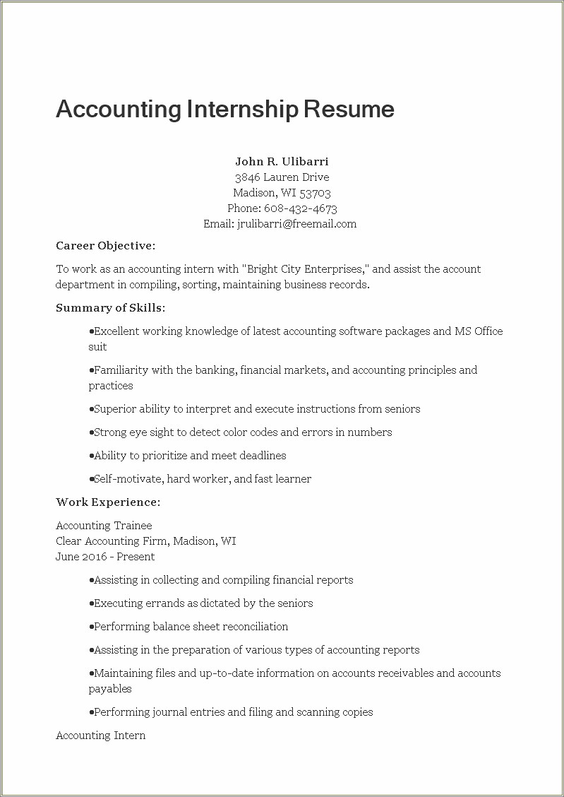 Good Objective Statement For Accounting Internship Resume