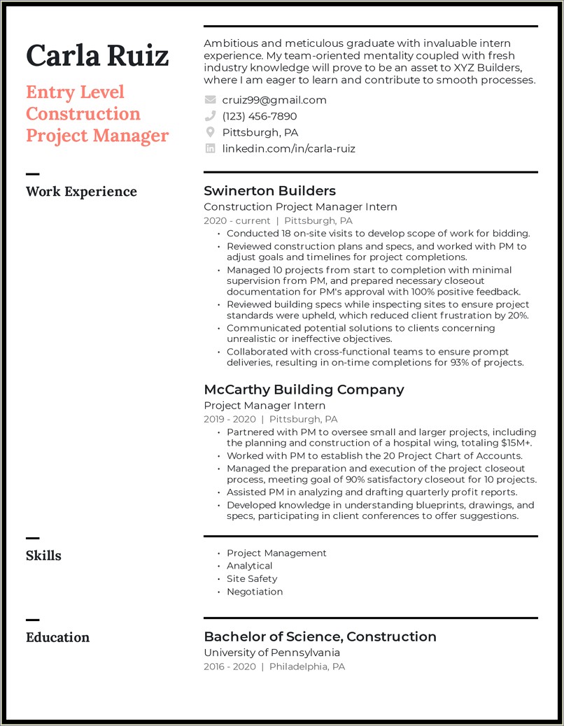 Good Resume Description For Construction Project Manager