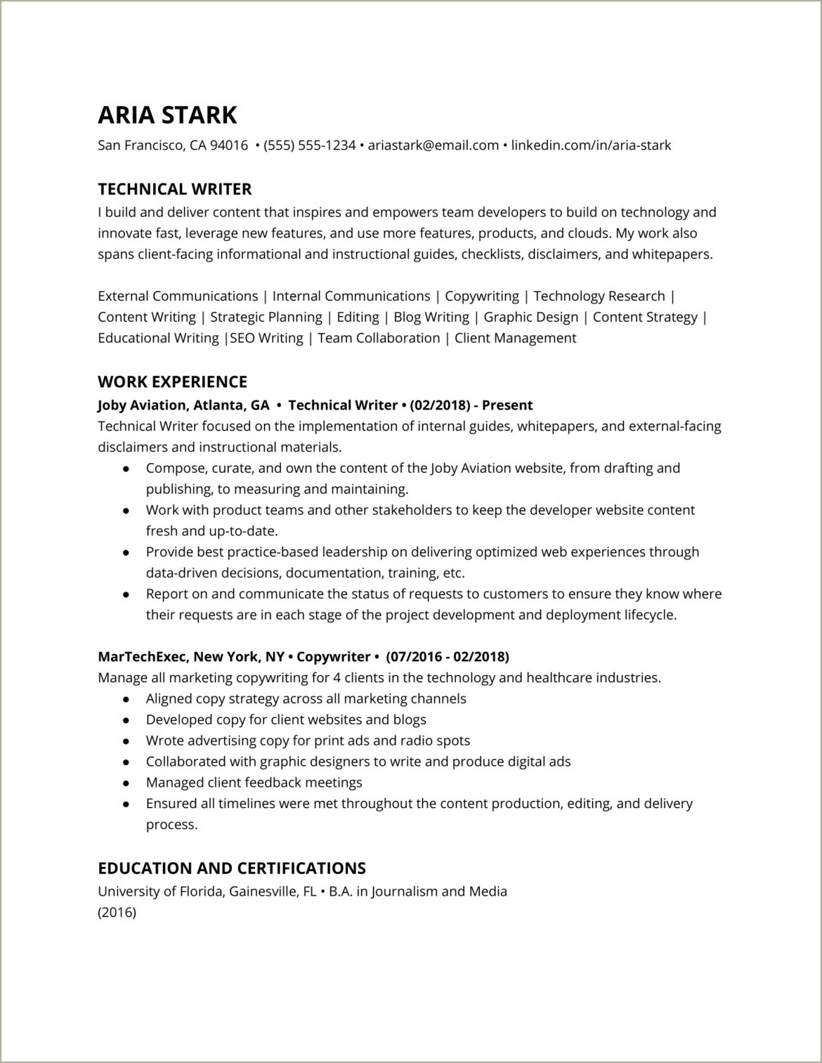 Good Resume Design For Technical Communicator