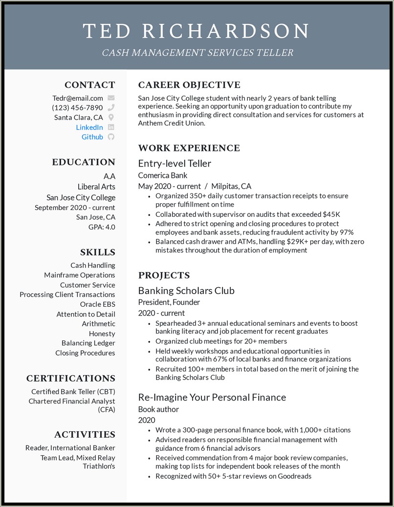 Good Resume Examples For A Bank Teller
