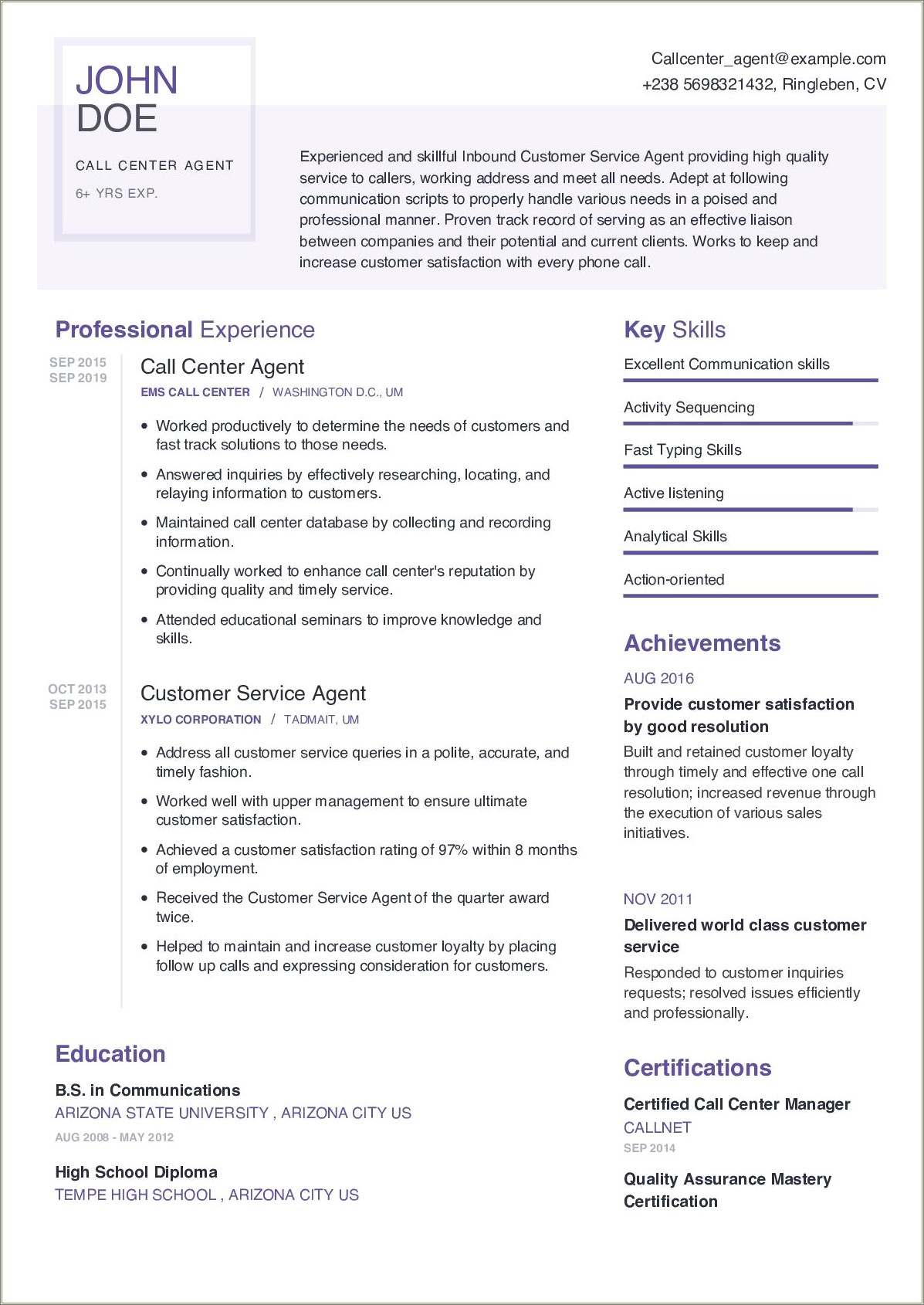 Good Resume Examples For Call Center
