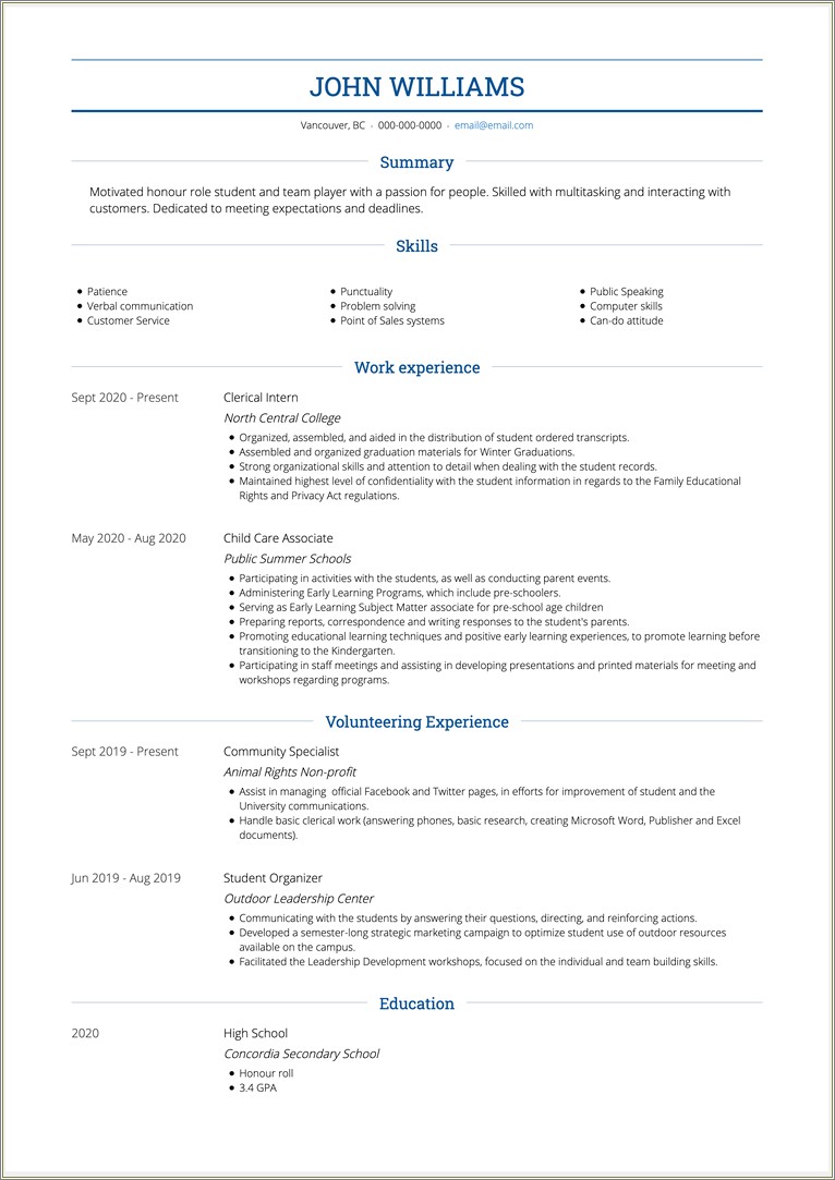 Good Resume Examples For Highschool Students