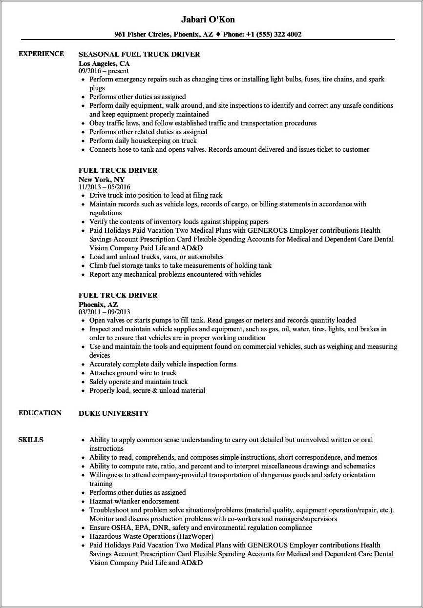 Good Resume Examples For Truck Driver