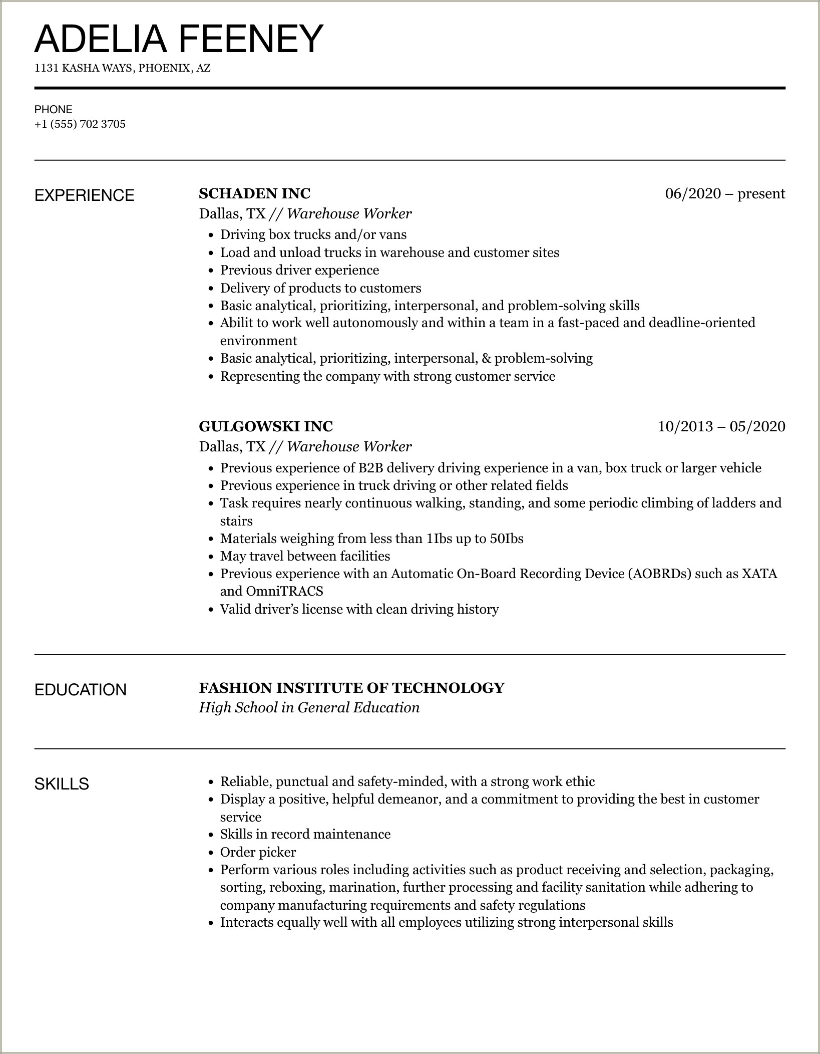 Good Resume Examples For Warehouse Worker