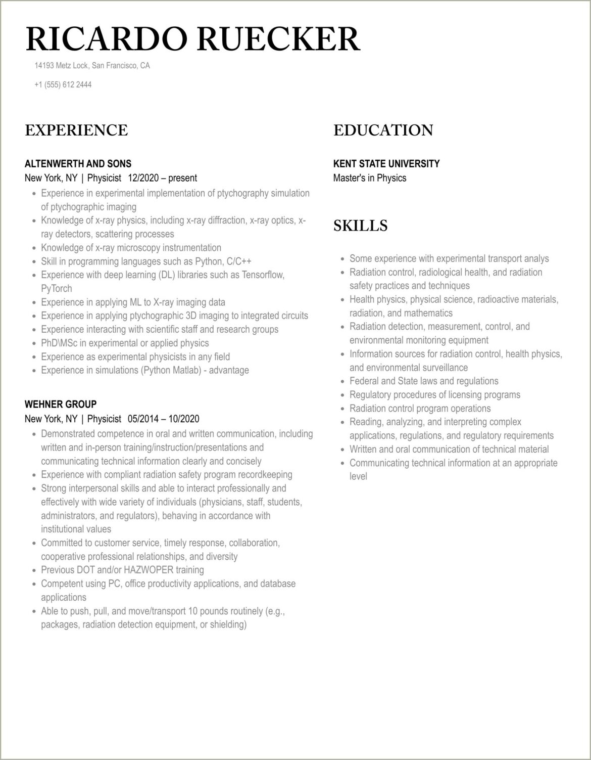 Good Resume For Stem Physics Bachelors