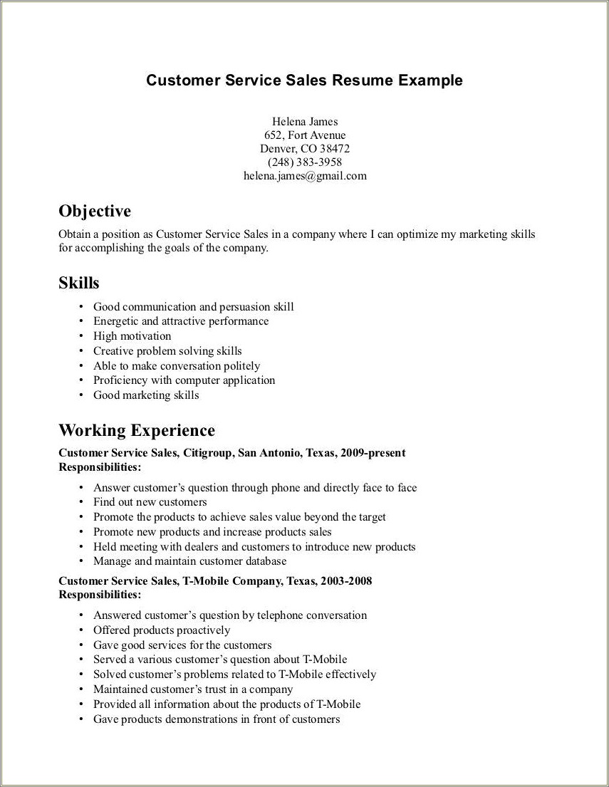 Good Resume Objective Examples For Customer Service