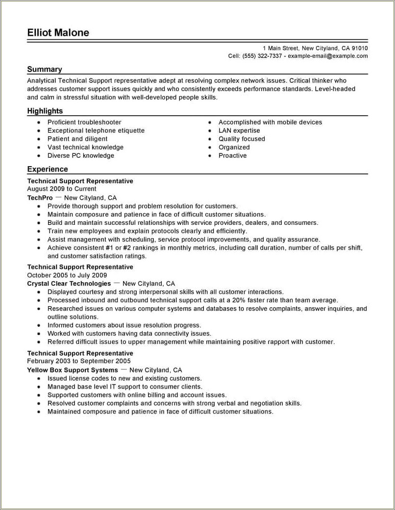 Good Resume Objective Examples For Technical Support
