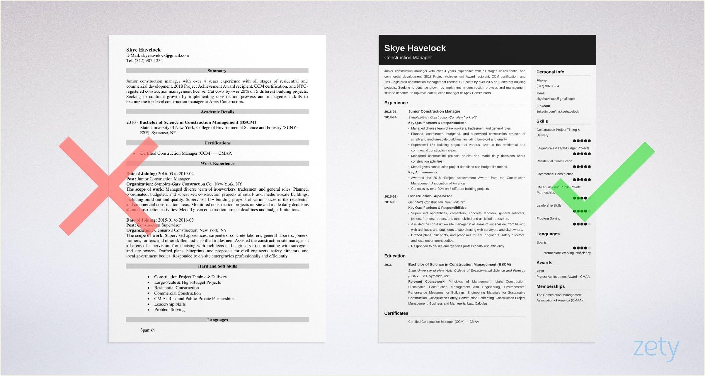 Good Resume Objective Statement Construction Management