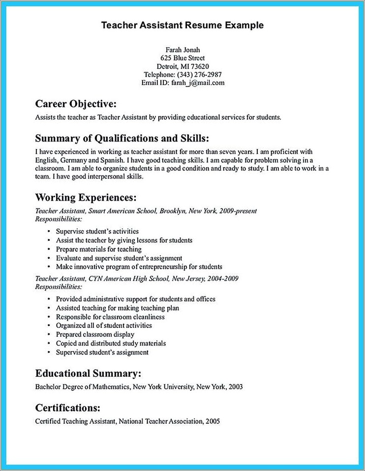 Good Resume Objective Statement For Pre School Assistant
