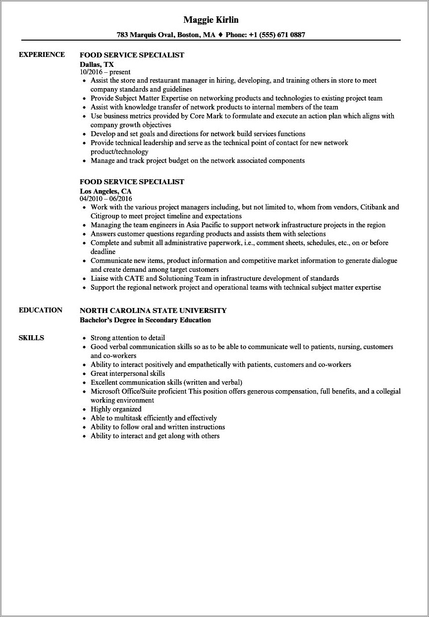 Good Resume Objectives For Food Service