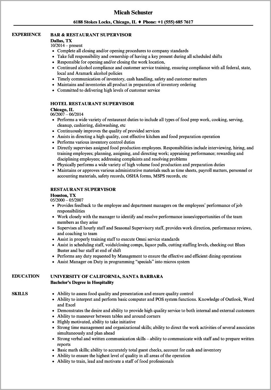 Good Resume Points For Supervisor Postions