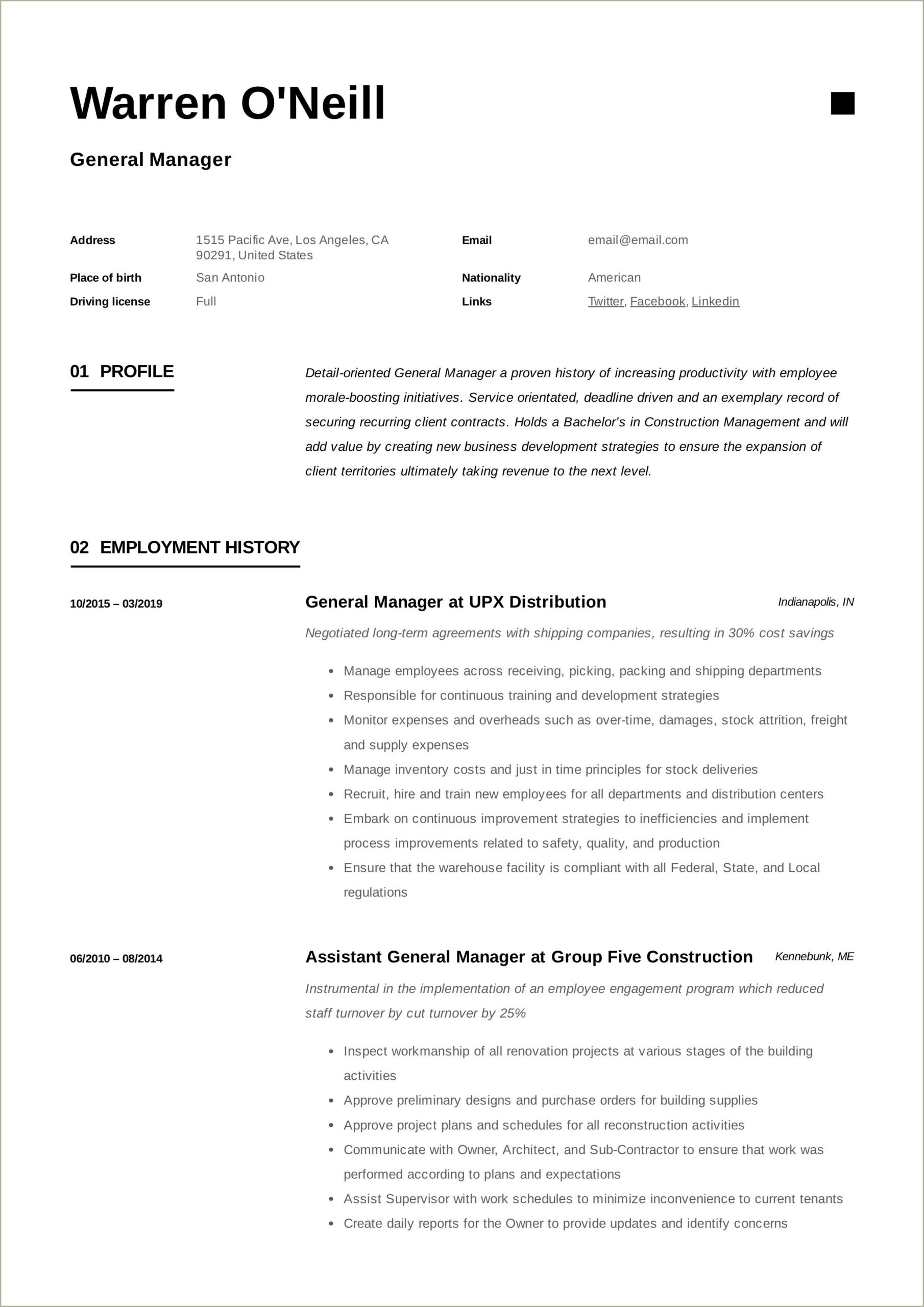 Good Resume Profile Examples For A General Manager