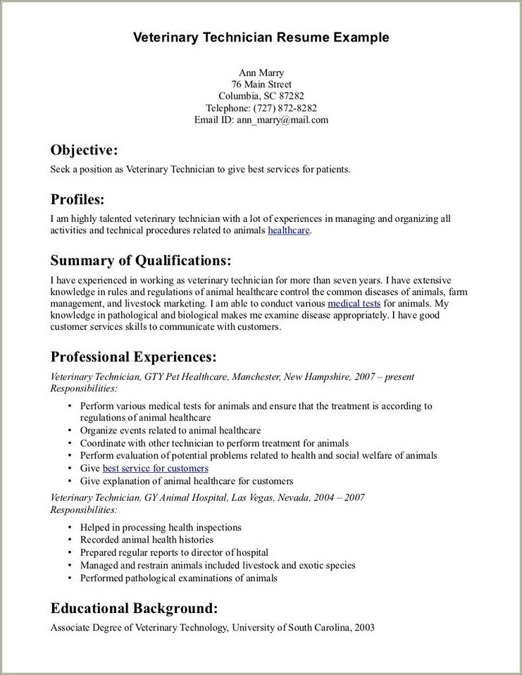 Good Resume Summary For A Vet Tech