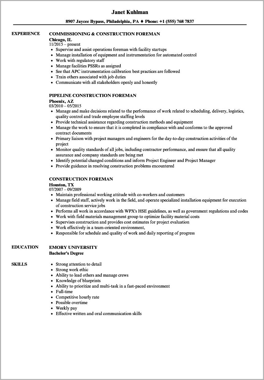 Good Resume Summary Statements For Construction