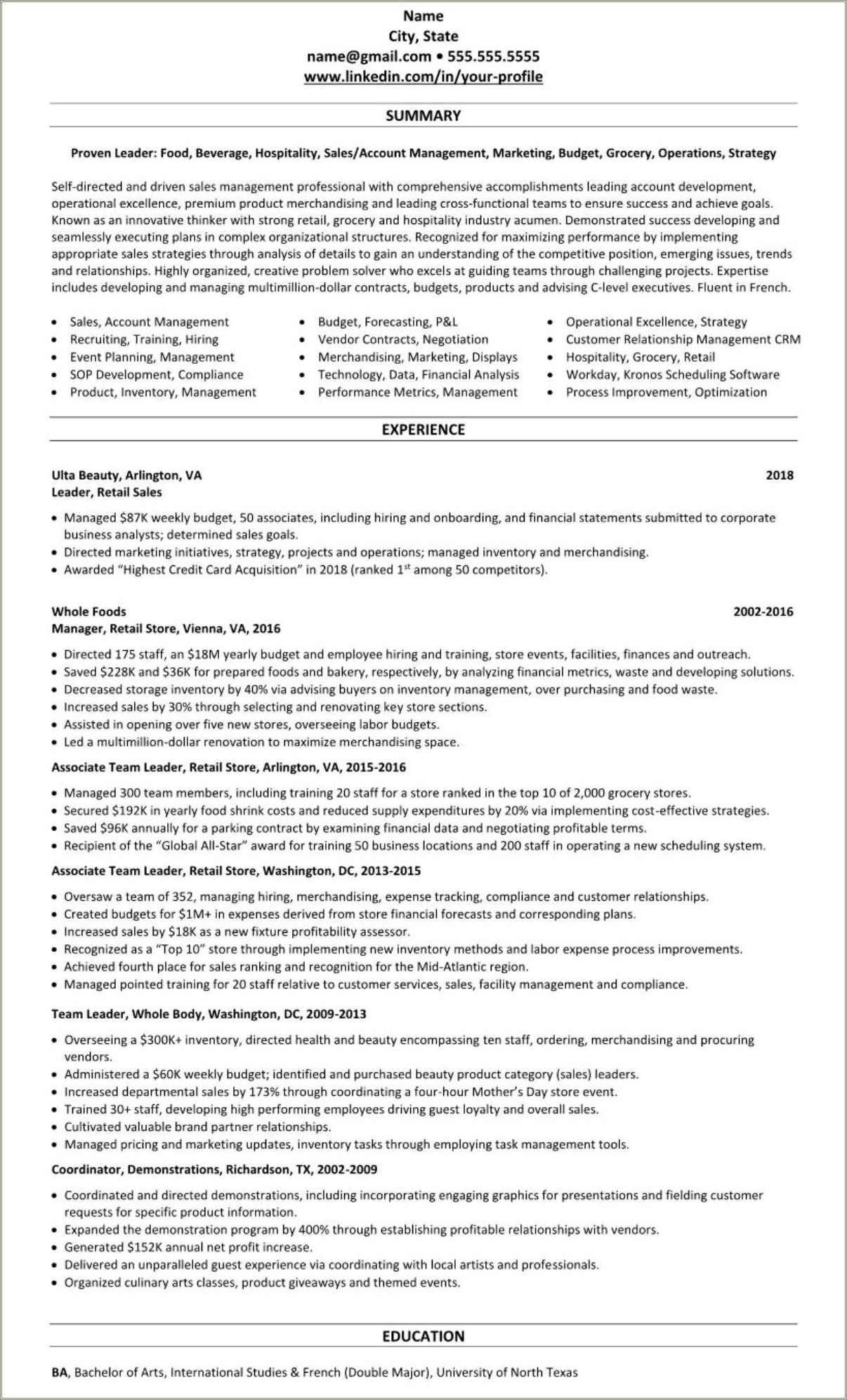 Good Resume Suummieries For Store Managers