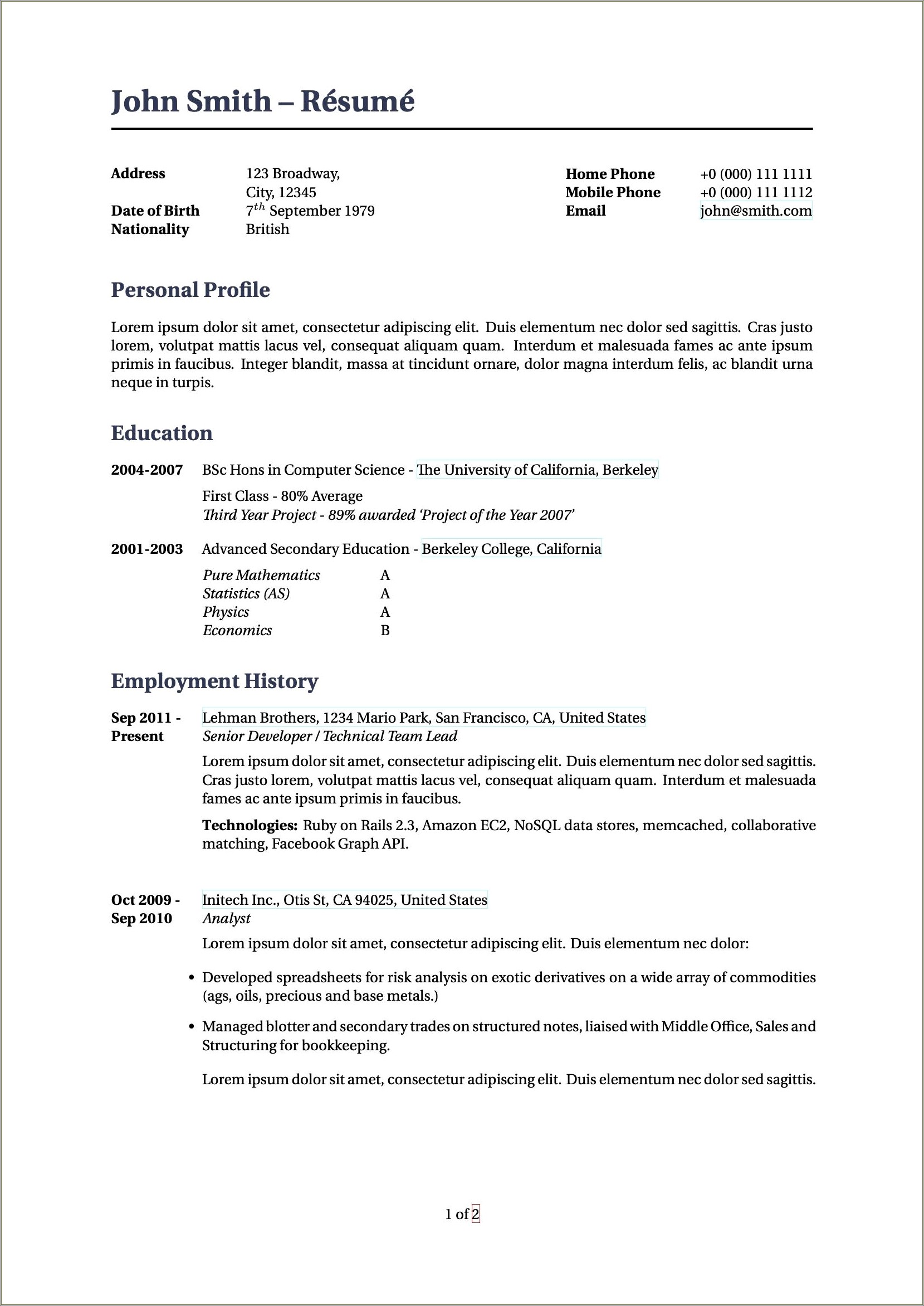 Good Samples Of North American Resume Formats