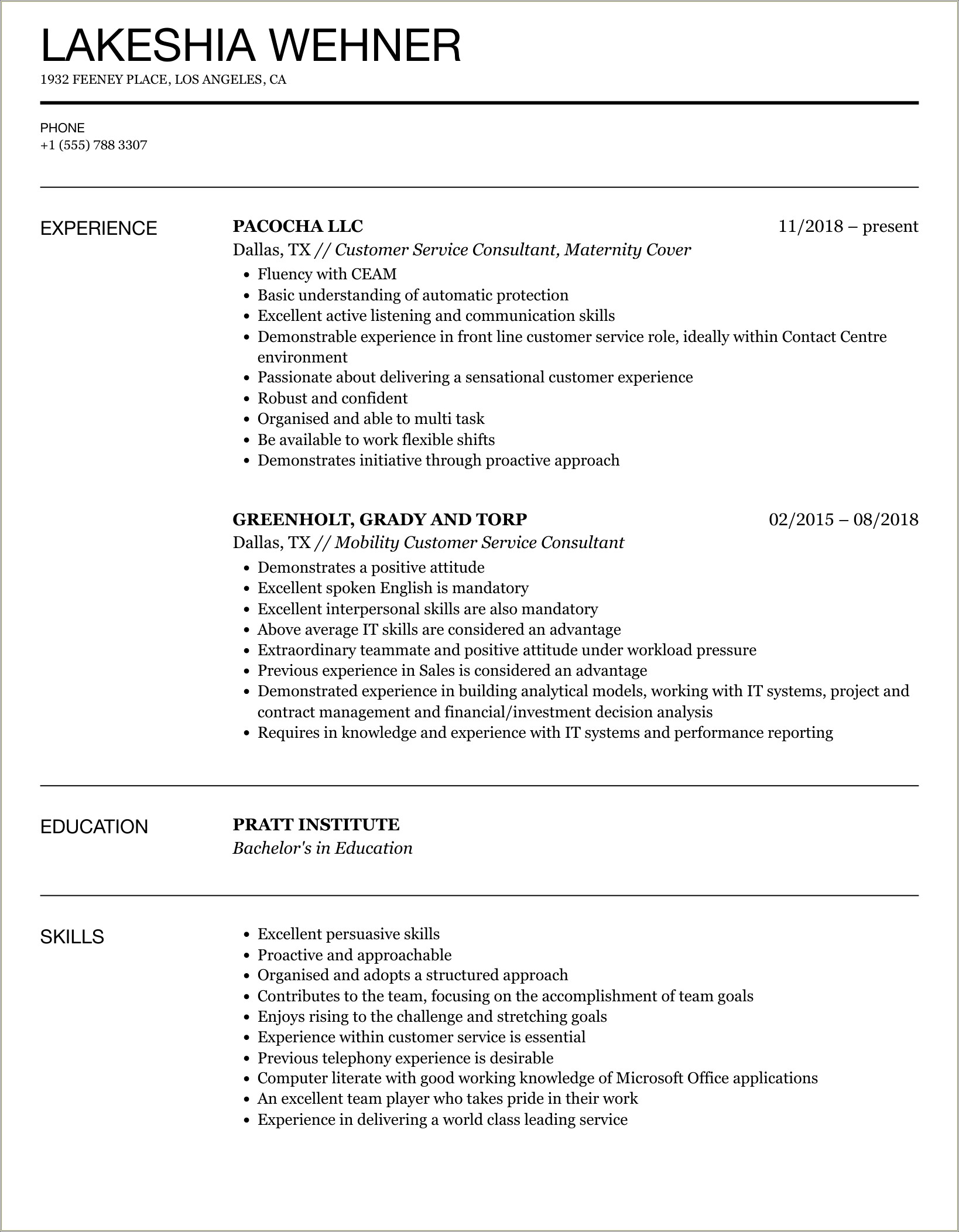 Good Simple Resume For Customer Service