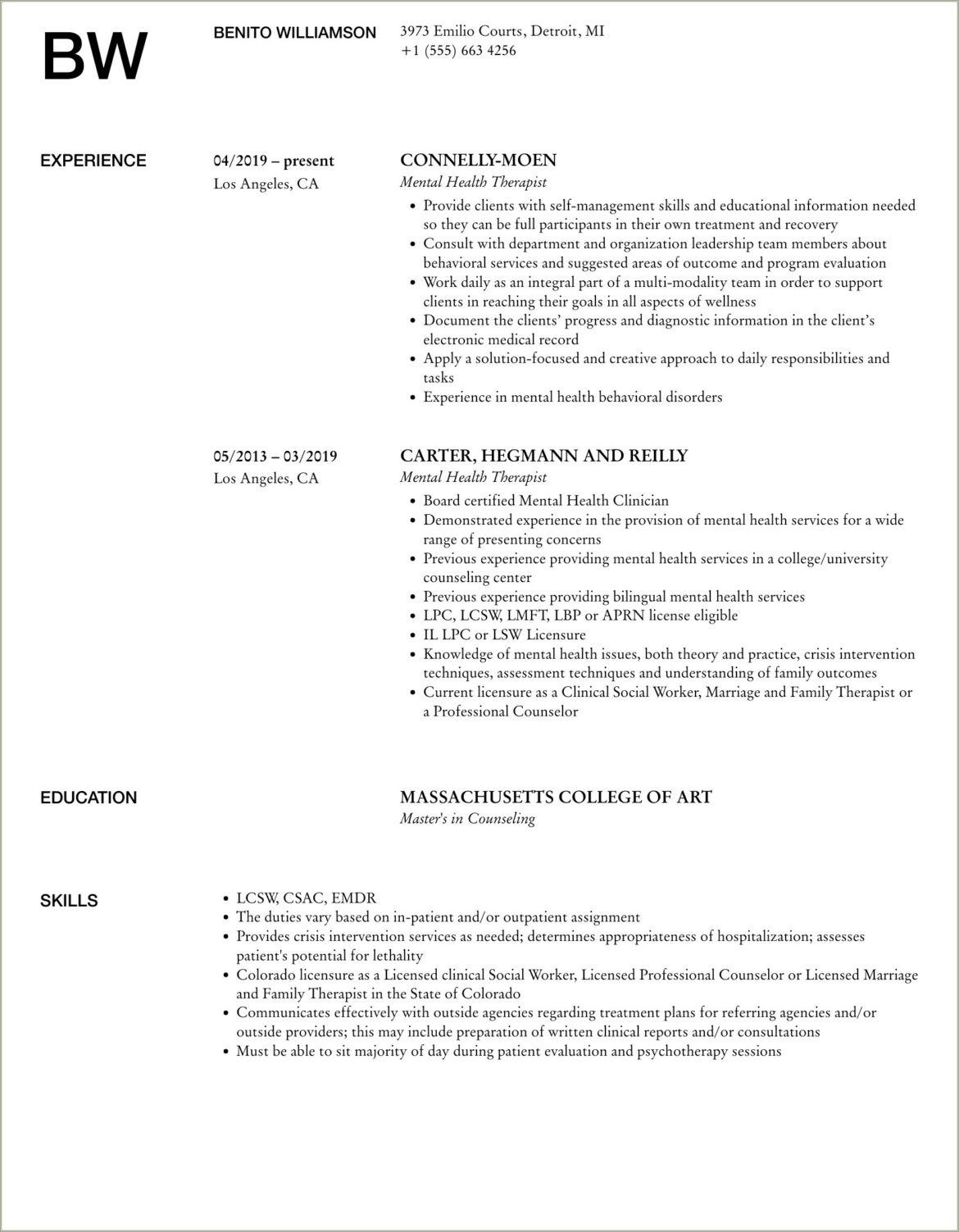 Good Skills For Mental Health Counselor Resume