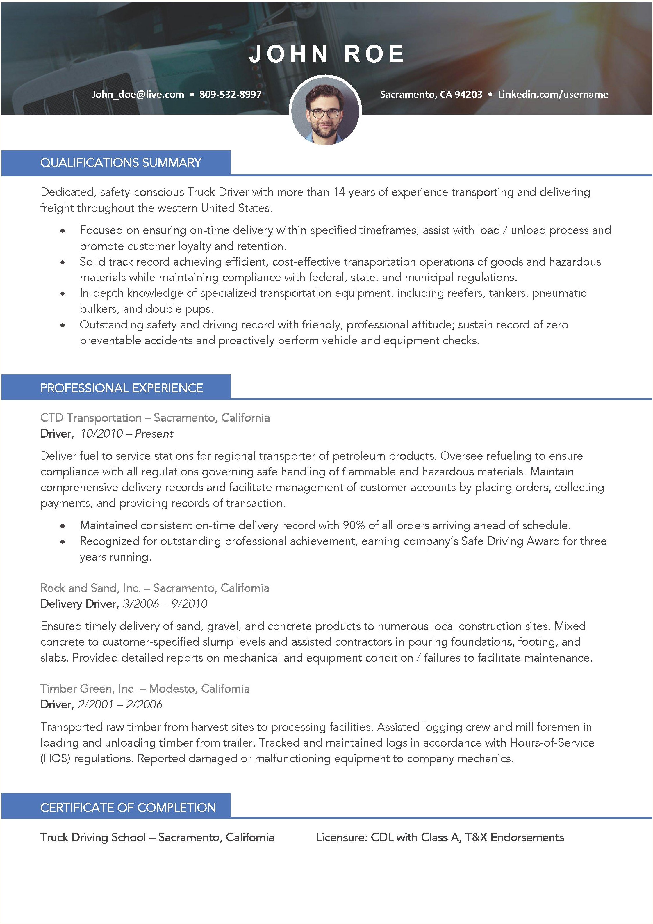 Good Skills For Truck Driver Resume