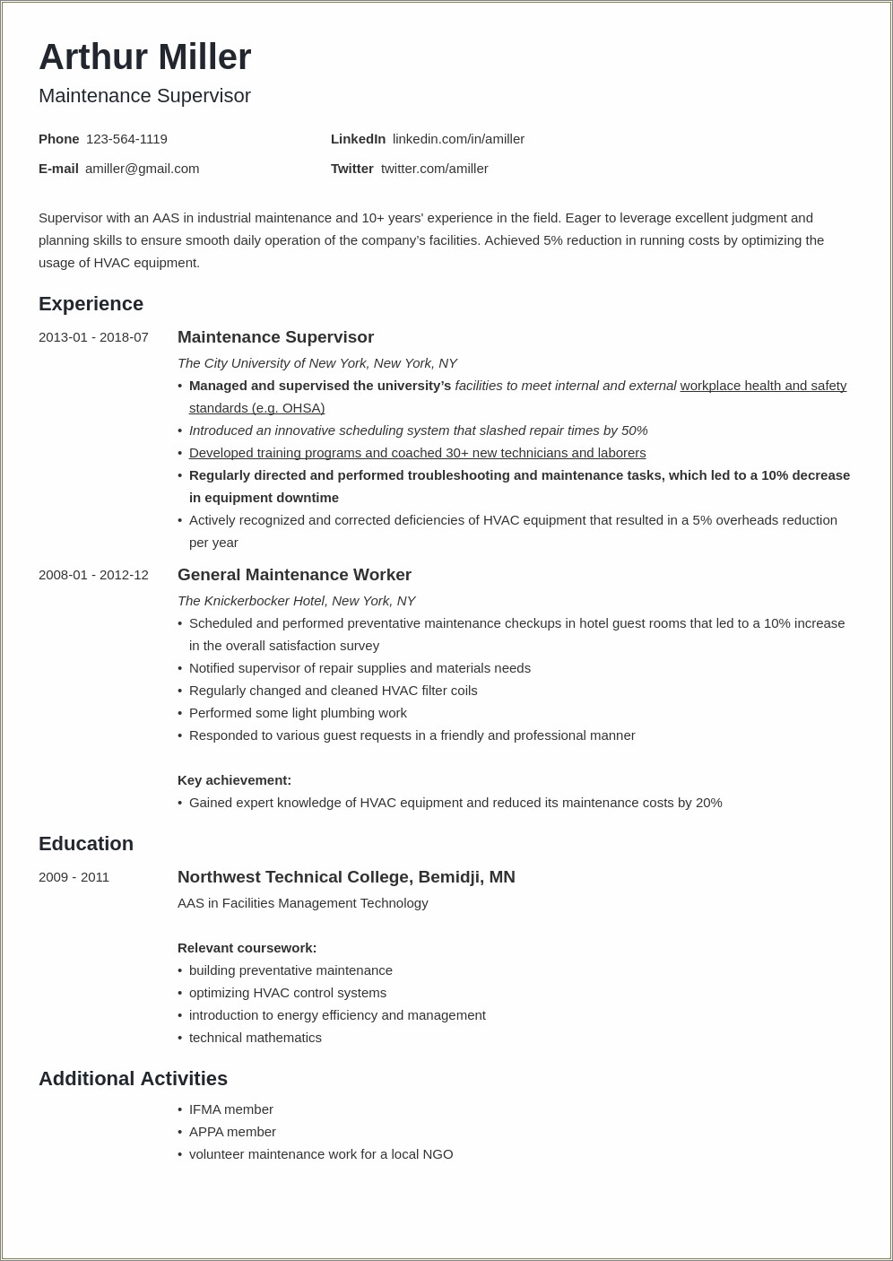 Good Skills To Put For A Mainteance Resume