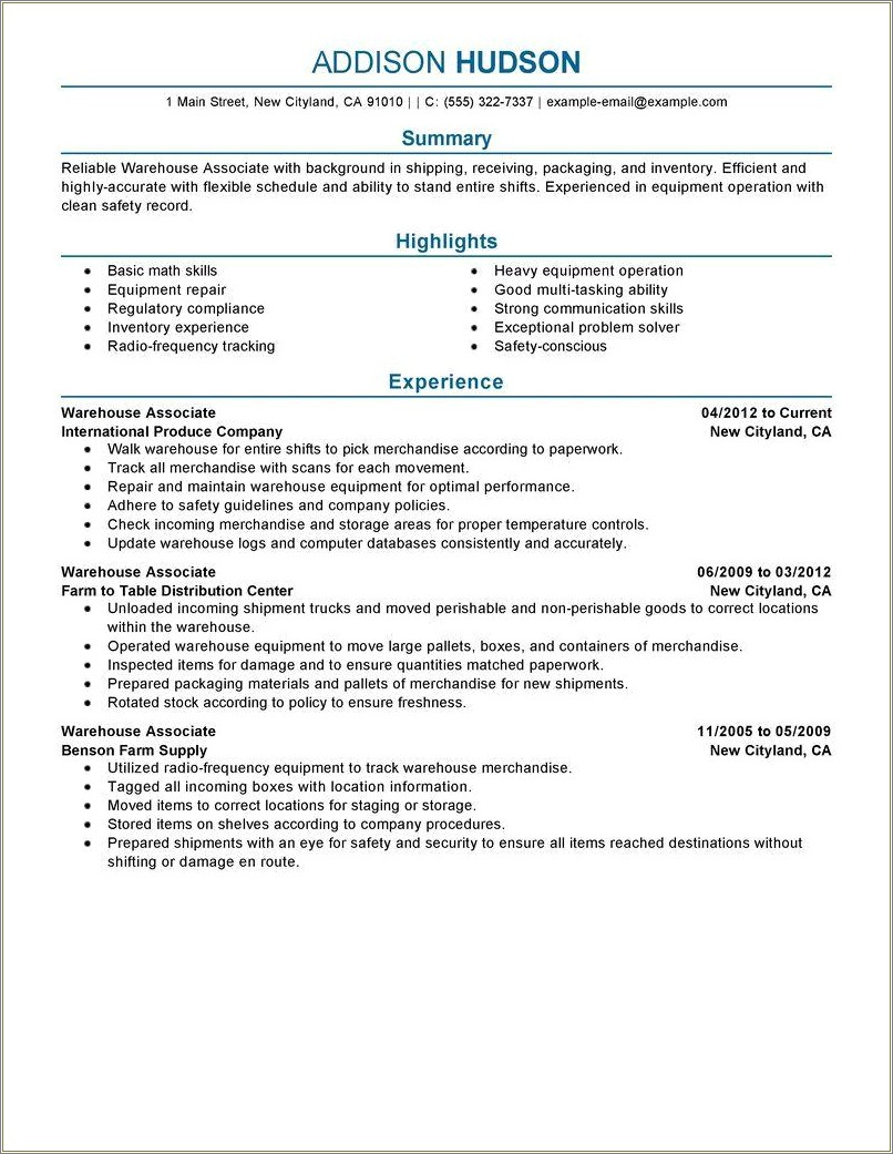 Good Skills To Put On Resume For Warehouse