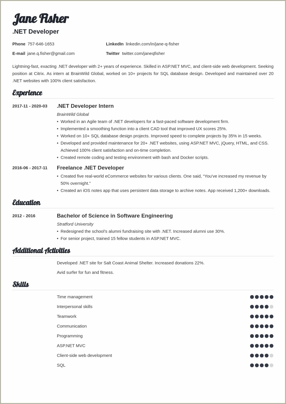 Good Summary For A Resume Asp.net