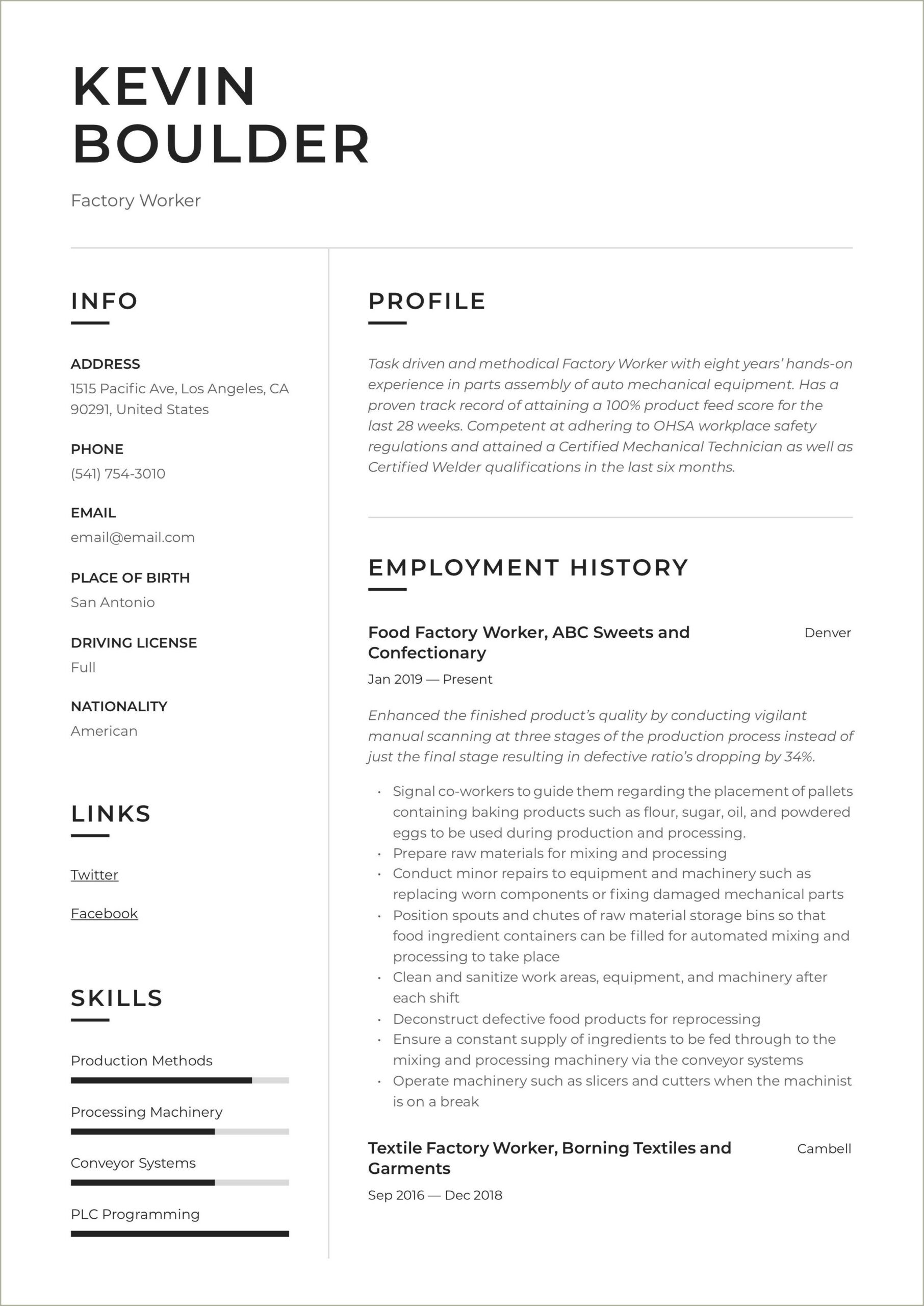 Good Summary For Resume For Factory Worker