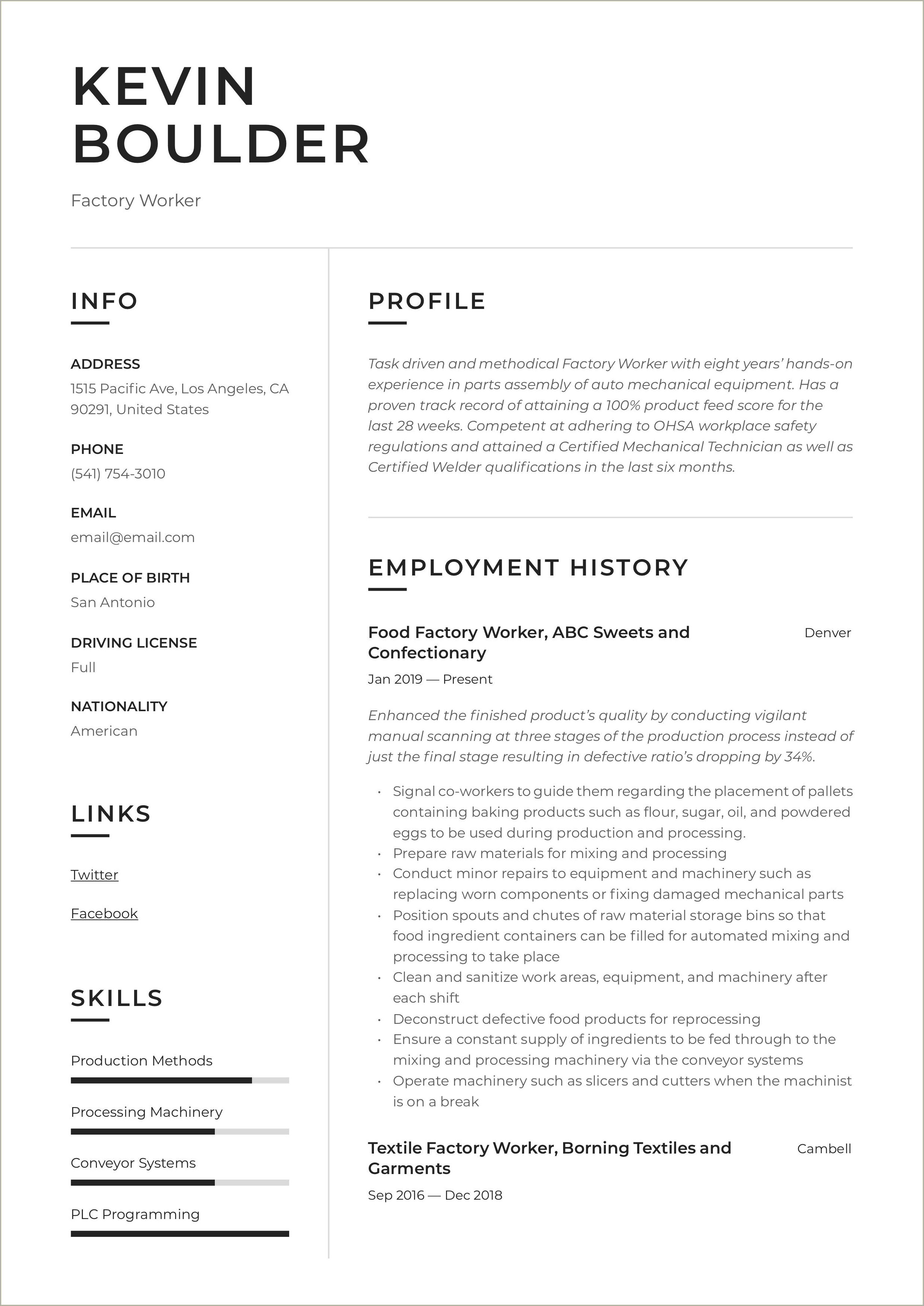 Good Summary For Resume For Factory Worker