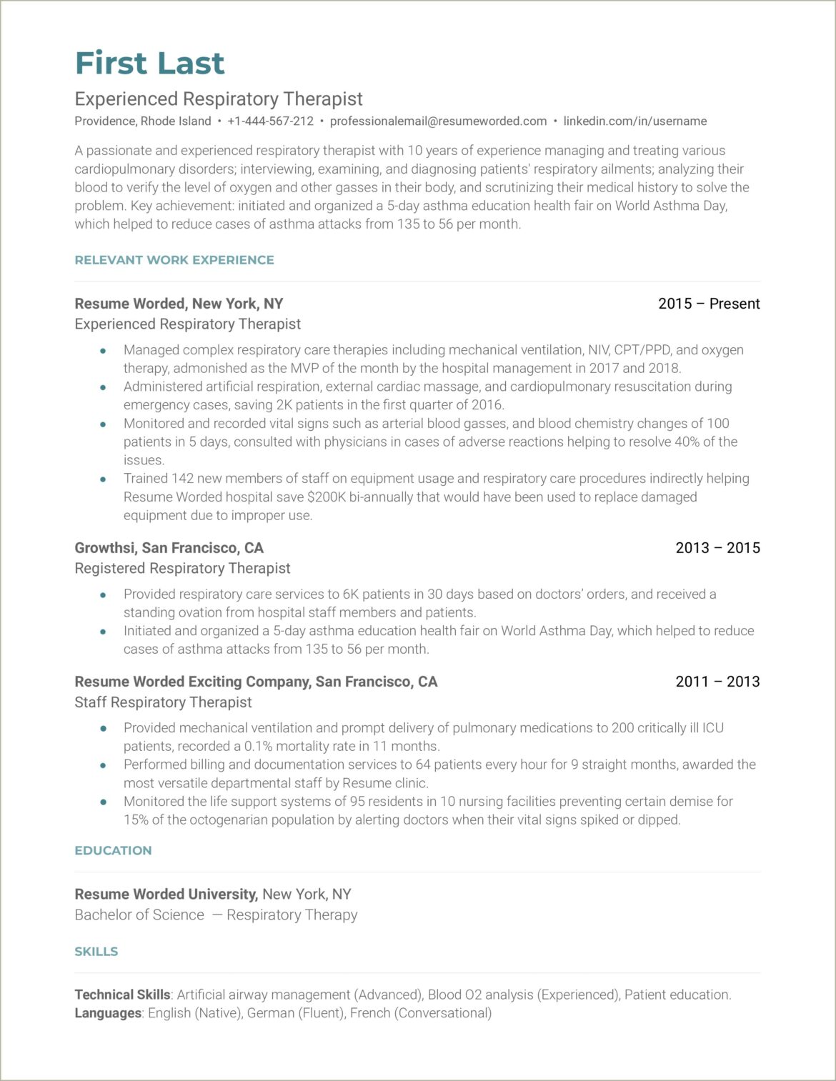 Good Summary Of Respiration Therapist Resume