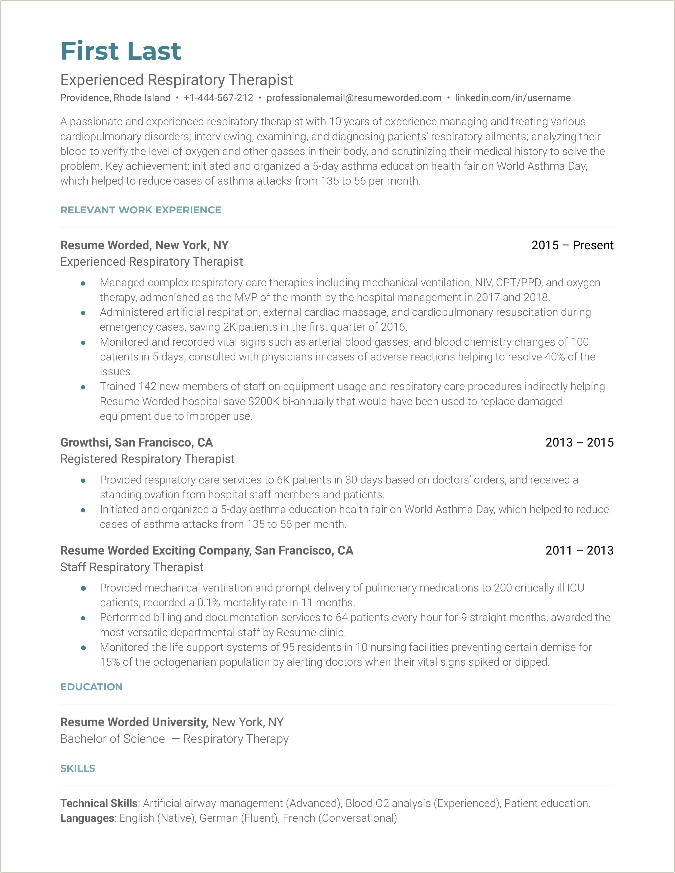 Good Summary Of Respiration Therapist Resume