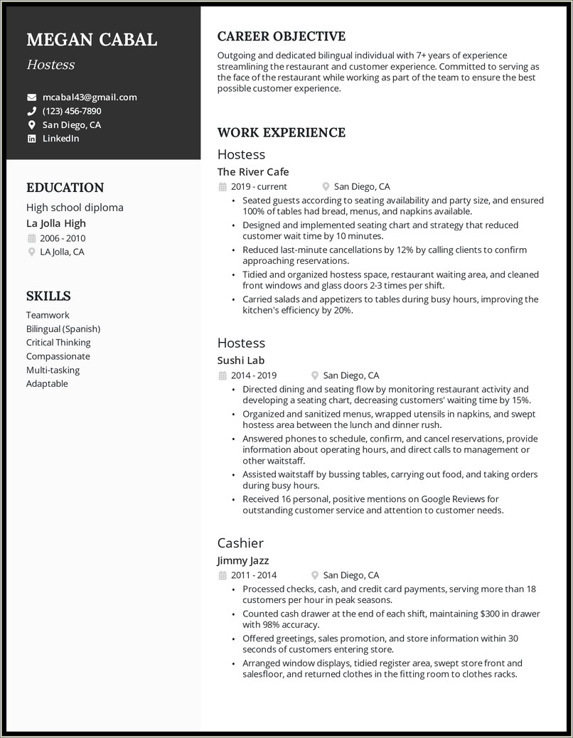 Good Things To Put On A Restaurant Resume