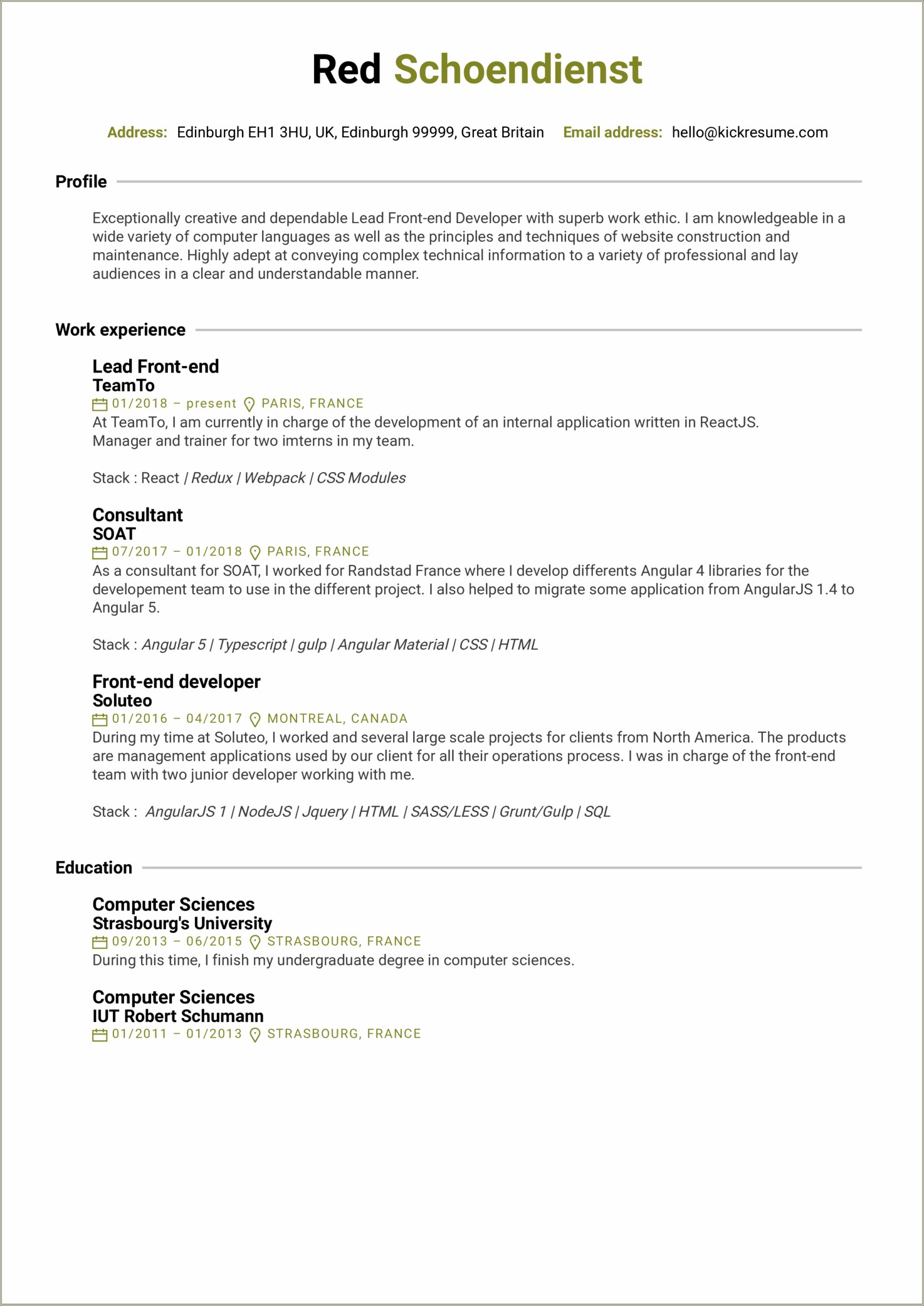 Google Amazon Facebook Front End Developer Resume Example