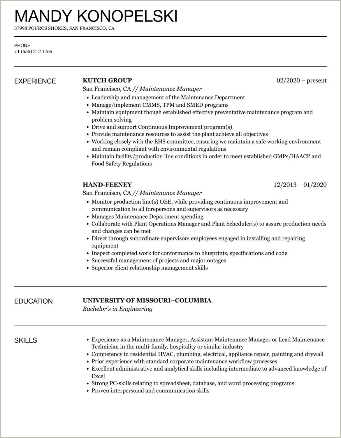 Google Doc Maintenance Manager Resume Maintenance Manager Resume