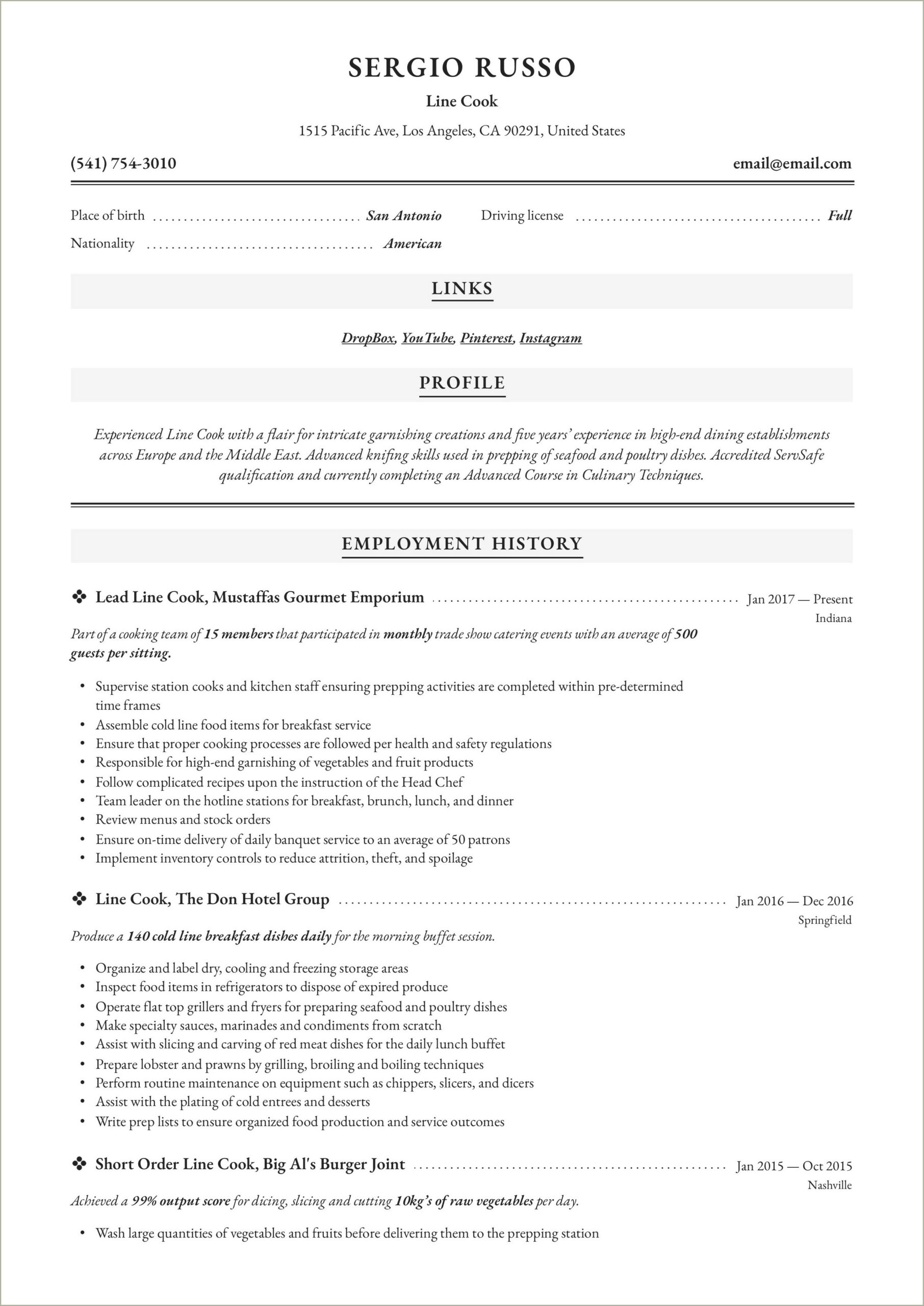 Google Docs Line Cook Resume Template