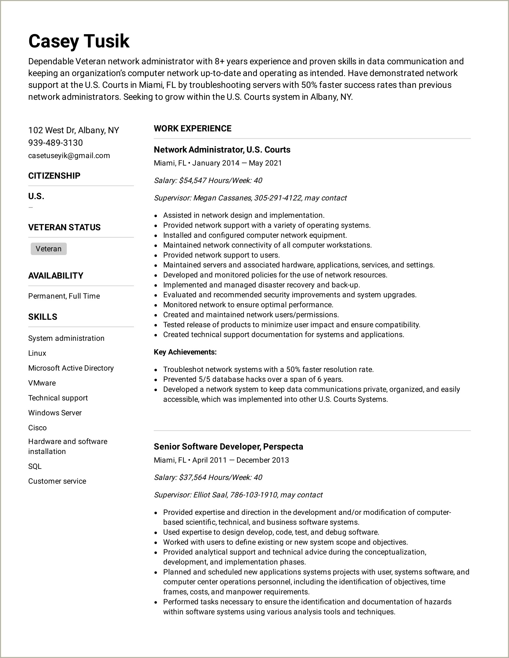 Government Resume List Supervisor Contact Example