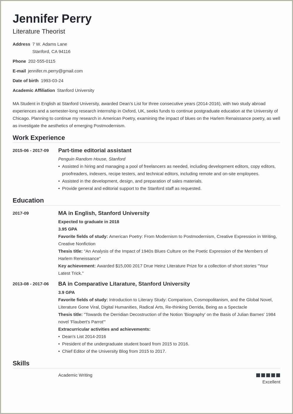 Graduate School Ogjective Vocational Resume Counseling