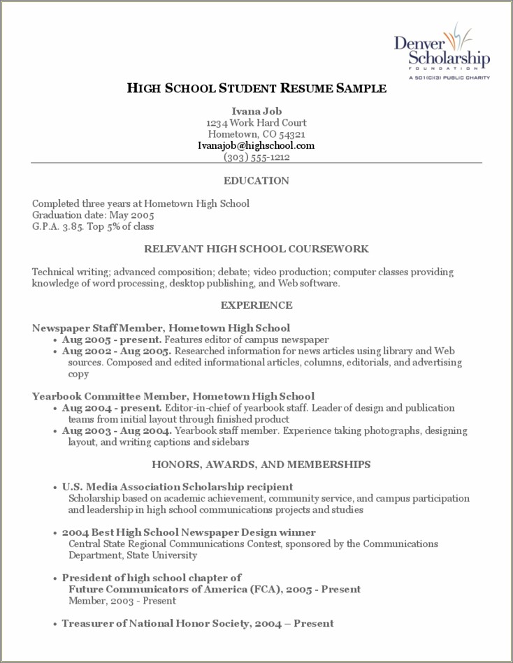 Graduated High School With Honors Resume