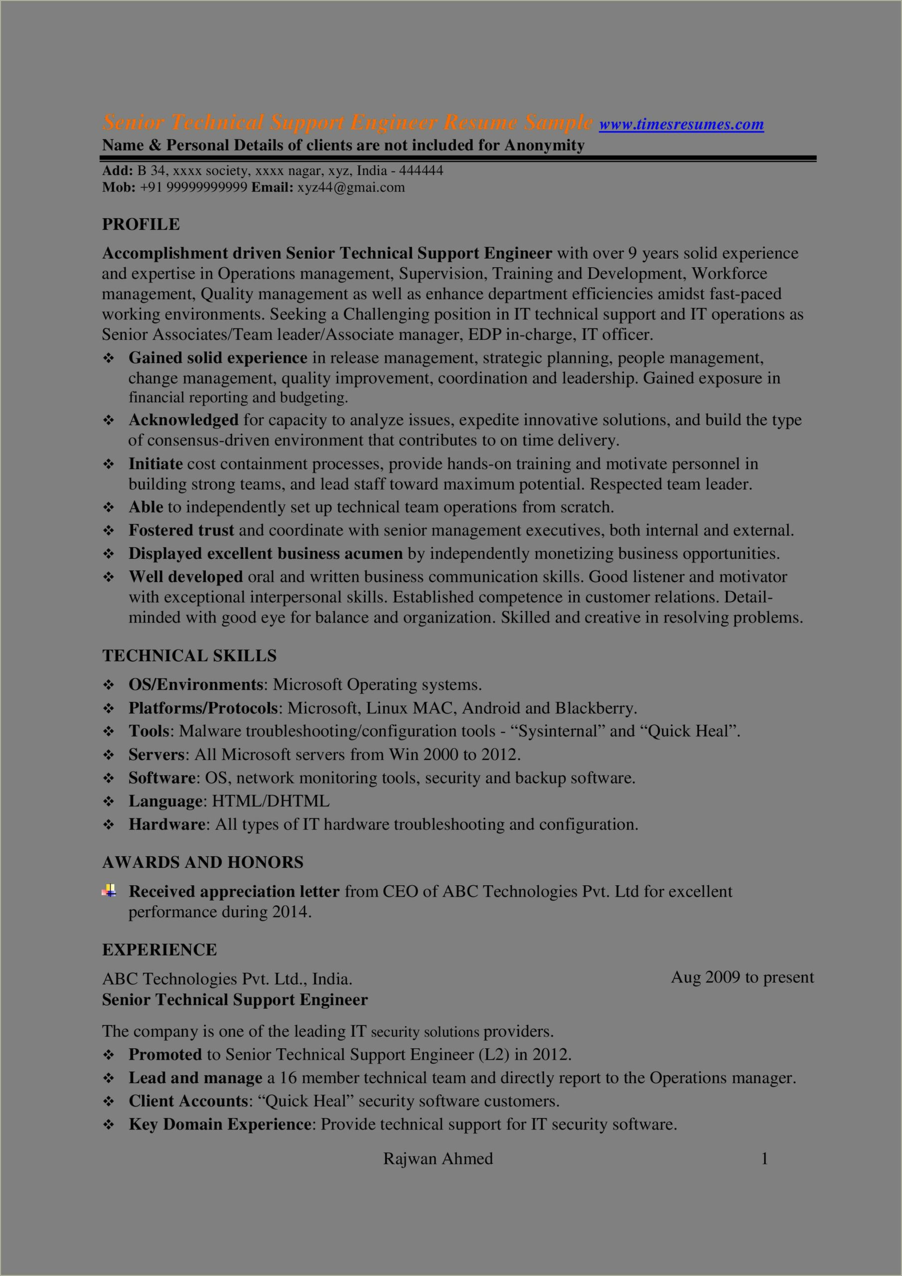 Great Resume Descriptions For Technical Support Engineer