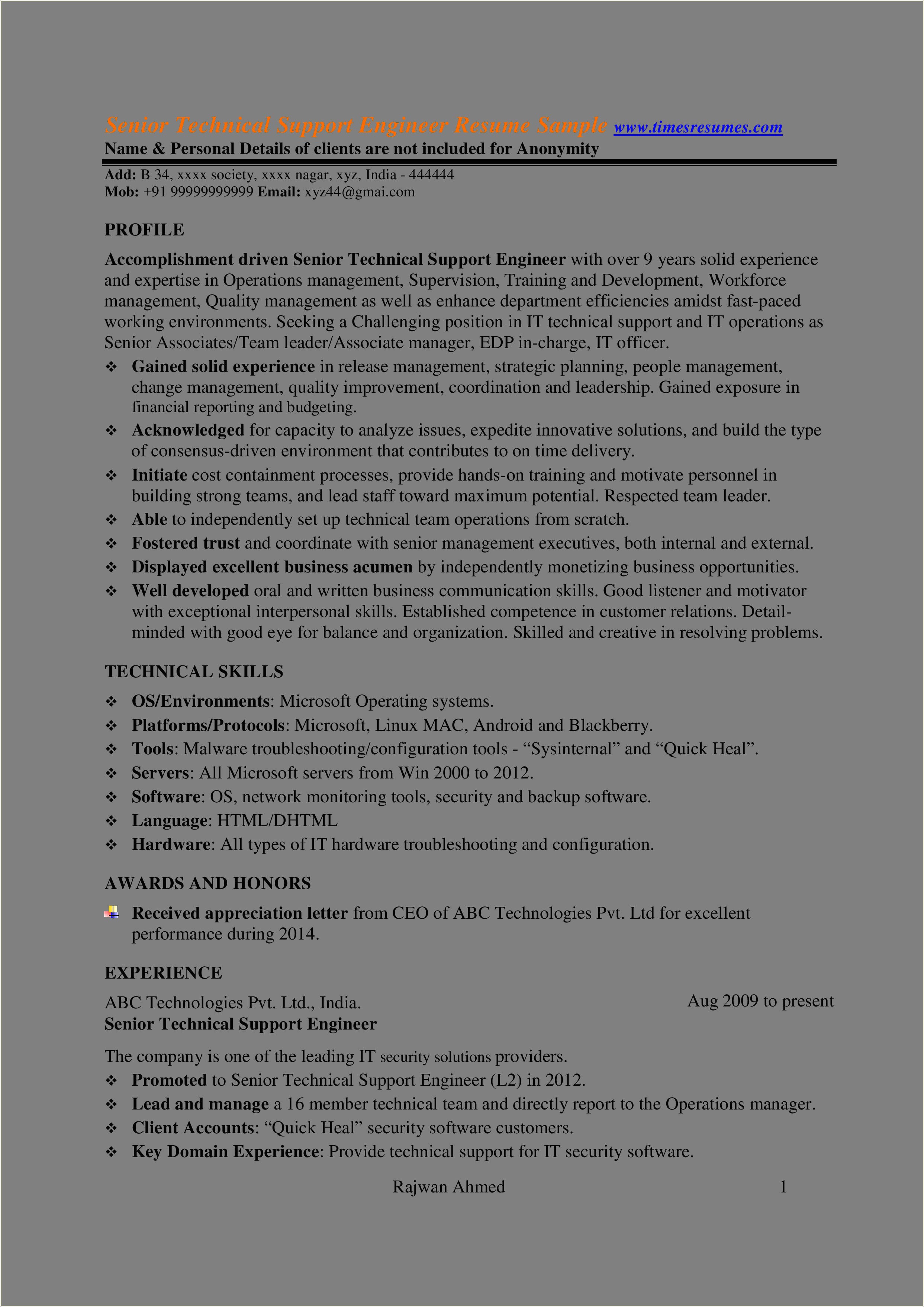 Great Resume Descriptions For Technical Support Engineer