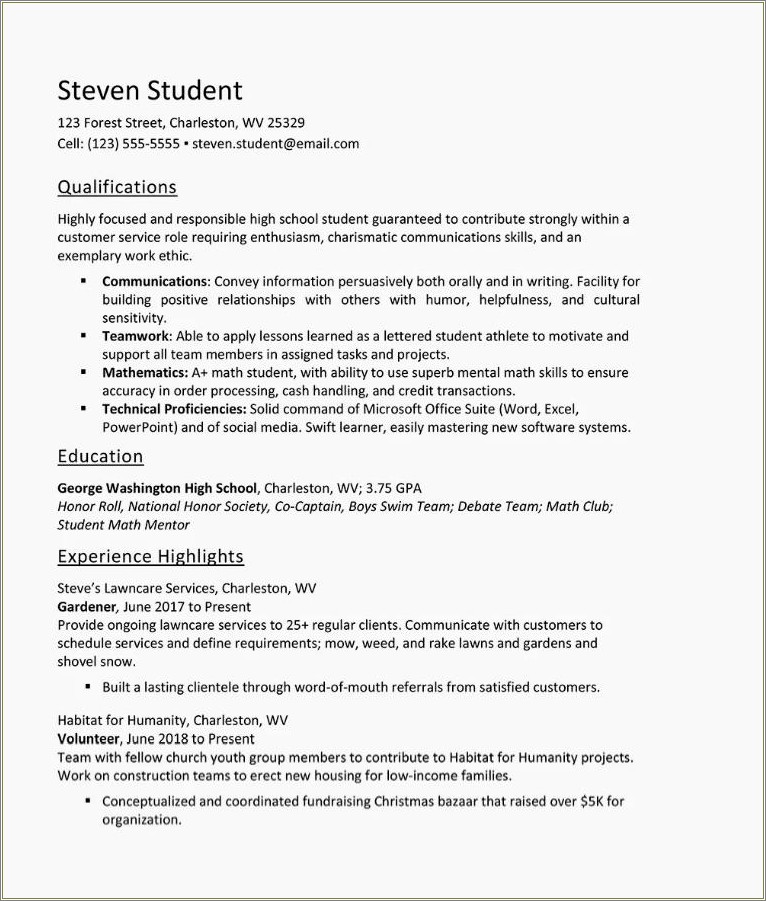 Great Resume For A Student In High School