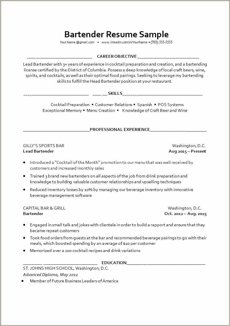 Great Resume Objective For Bartending Position