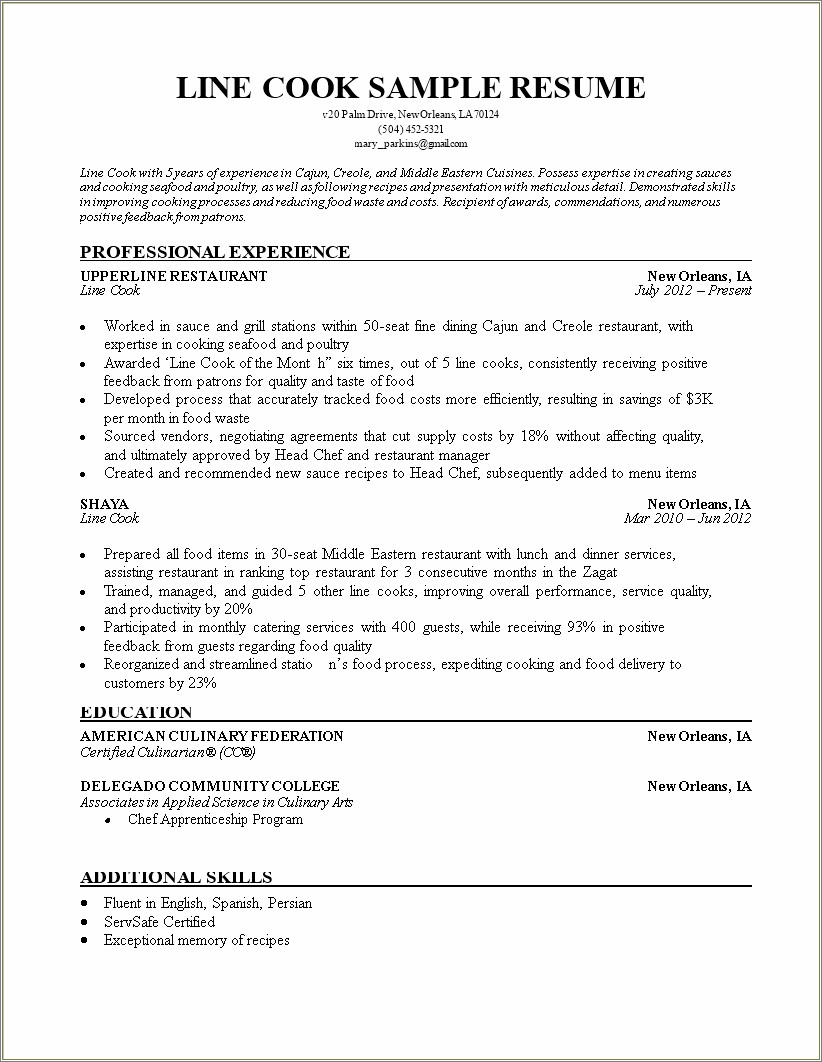 Grill Cook Job Description For Resume
