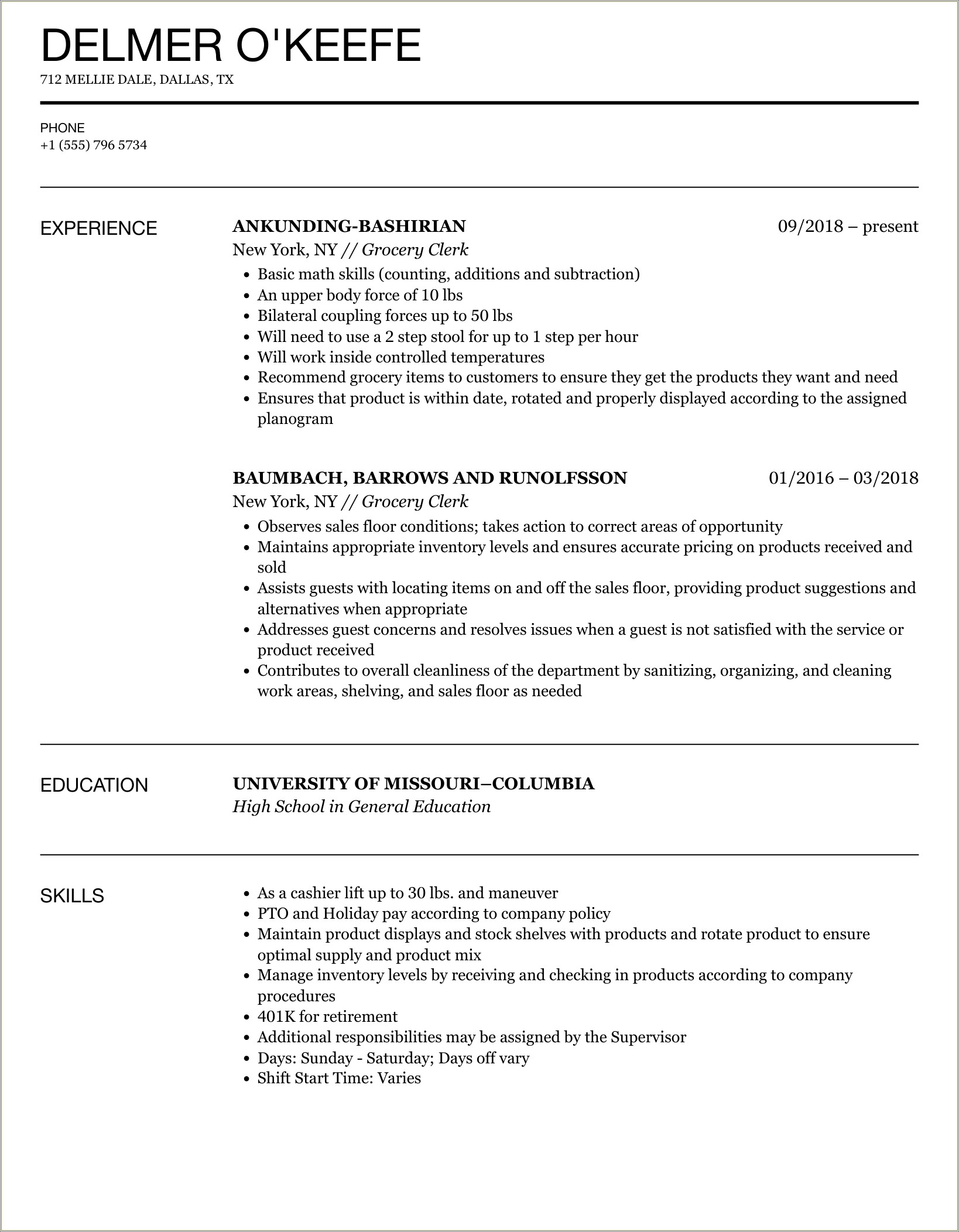 Grocery Store Cashier Job Description For Resume