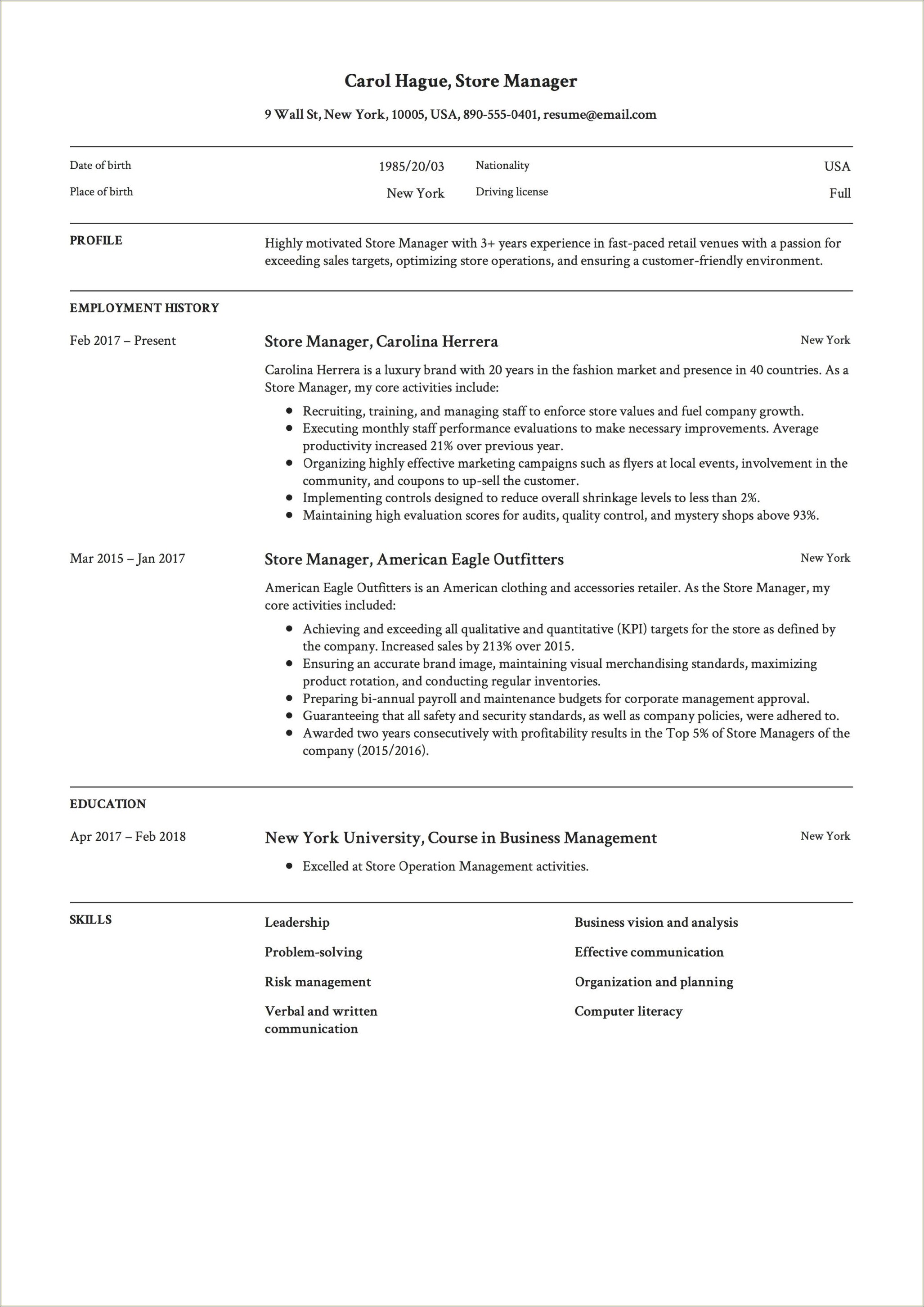 Grocery Store Department Manager Resume Sample