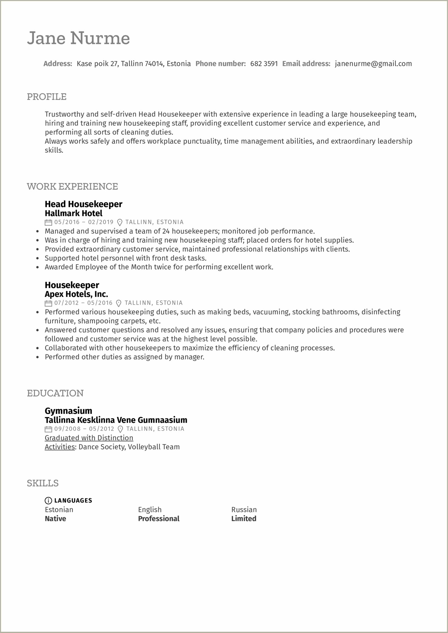 Guest Room Attendant Job Description For Resume