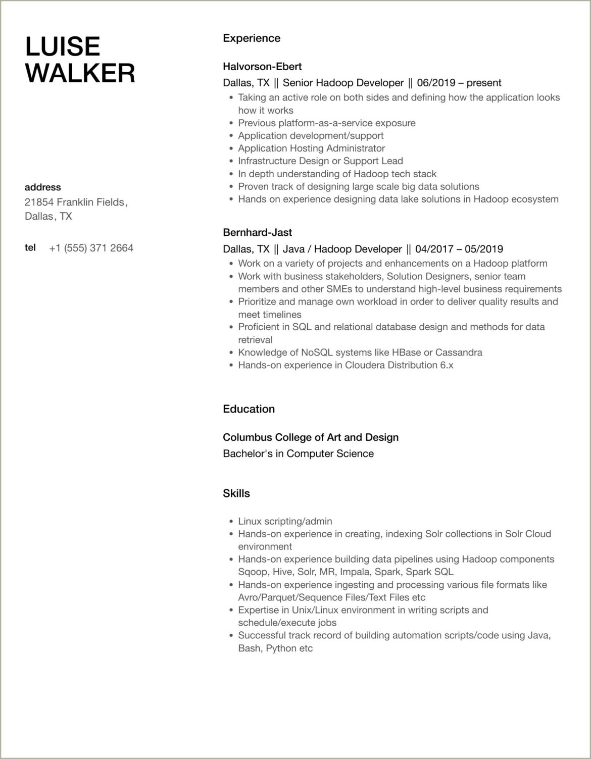 Hadoop Developer Resume For 4 Years Experience