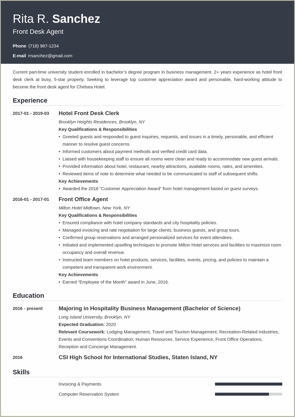 Hampton Inn Front Desk Job Description Resume